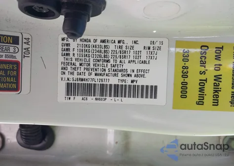 2015 Honda Cr-V Ex-L из США, поврежденный, VIN 5J6RM4H77FL129777